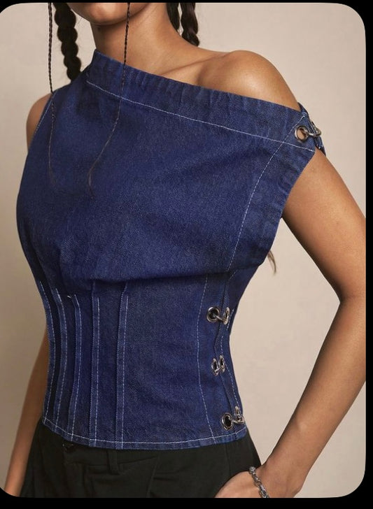 Asymmetrical Denim Corset Top – Bold, Edgy, and Unique